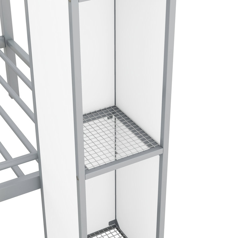 Lit superposé simple au-dessus d'un lit en métal avec garde-robe et vaste espace de rangement - gris et blanc, gris et blanc