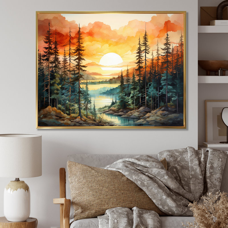 Pin, coucher de soleil brillant II - Pin, art mural, H 24 po x l 32 po x P 1 po, Cadre flottant doré
