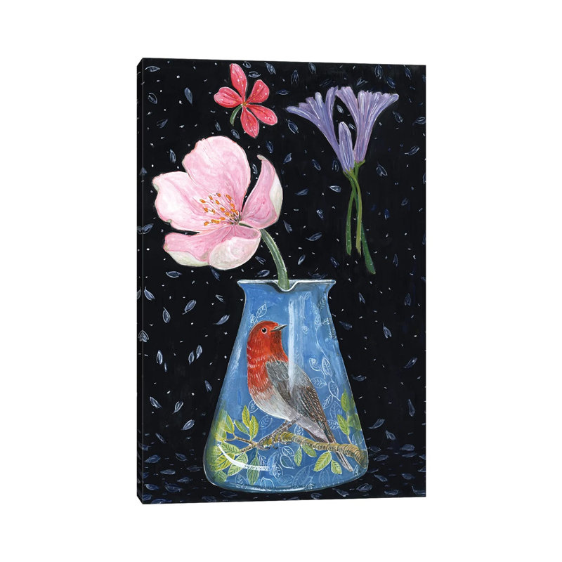 Blue Vase With Robin by Miri Eshet - Painting on Canvas, 101.6 cm H x 66.04 cm W x 3.175 cm D, Wrapped Canvas