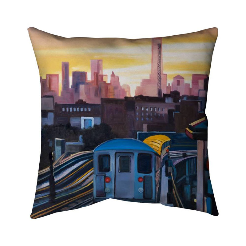 Sunset over the subway in new-york - 26"x26" Throw pillow cover - Poly twill - Print on demand, 26" H x 26" W, No Fill