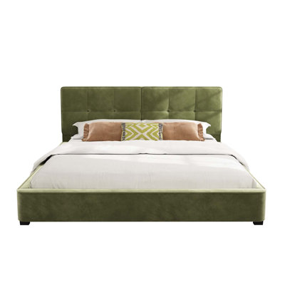 Très grande base de lit en velours, lit plateforme tapissier avec tête de lit capitonnée incurvée, coins carrés doux, vert olive