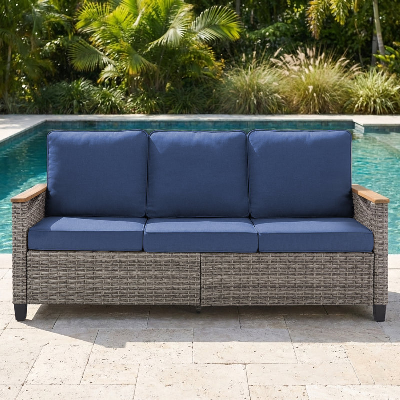 Outdoor Wicker Patio Modern Wood Armrests Sofa With Cushions, Blue