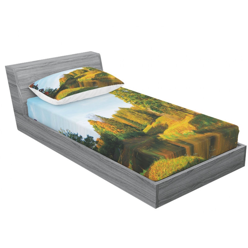 Ensemble de draps en bois naturel avec arbres et river de décor, Ensemble de draps pour lit simple TG avec drap-hou