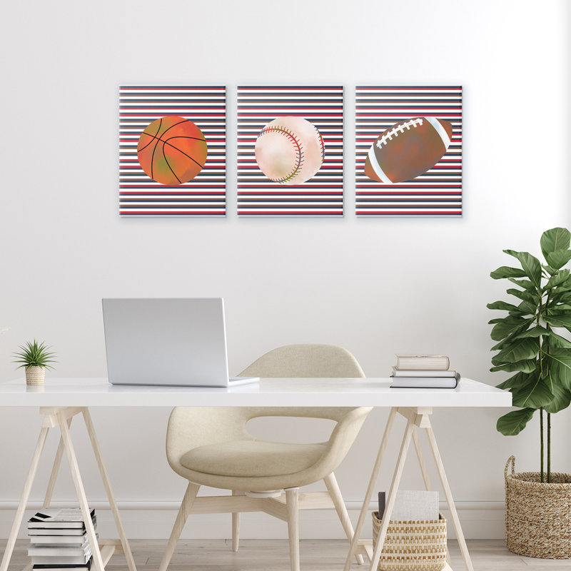 Ensemble de 3 toiles à rayures et balles de sport, design par Marcus Prime, H 14 po x l 11 po