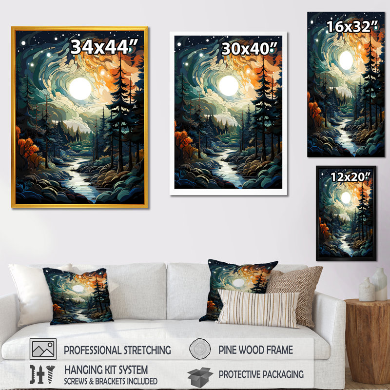 Moonlight River Into The Forest I - Forêt et rivière, art mural, Cadre flottant brun, H 32 po x l 16 po x P 1 po