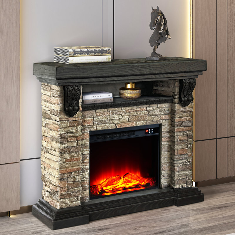 45" Faux‑Stone Freestanding Electric Fireplace with Mantel, Tan