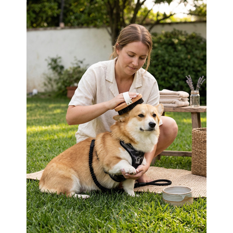 Brosse à poils doux pour les chiens et les chats à poils courts, poignée en bois avec sangle, décapage, lissage et toilettage pour un pelage naturellement brillant