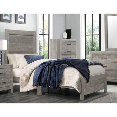 Lit simple gris rustique pour la chambre à coucher, placage de bois, tête de lit, rails, lit à sommier tapissier et bois d'ingénierie, inclus