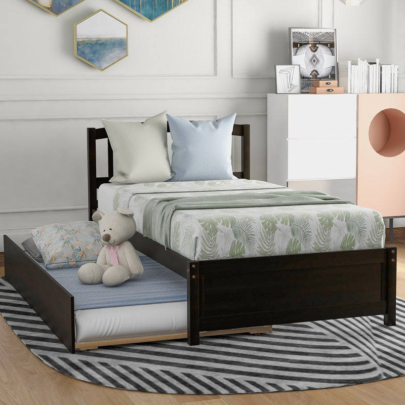 Lit plateforme simple en bois avec lit gigogne, structure de lit en bois robuste, espresso peu encombrant, Brun