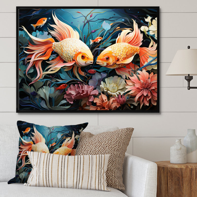 «Fishing Whimsical Waters III» - reproduction, H 34 po x l 44 po, Cadre flottant noir