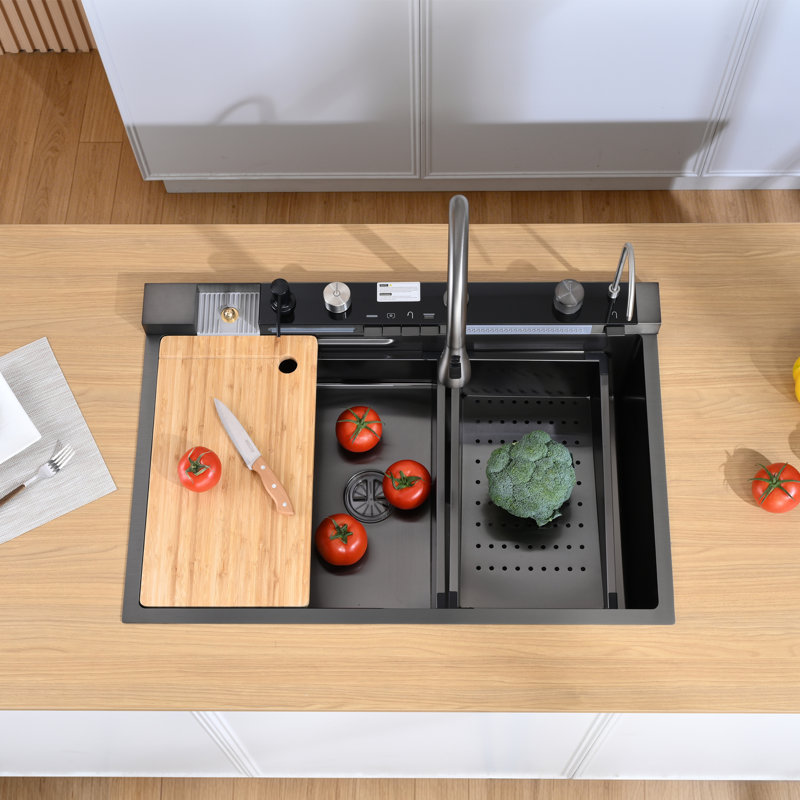 33"L × 22"W Drop-in Single Bowl Stainless Steel Kitchen Sink with Digital Display Workstation Sink, Black