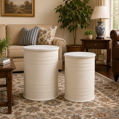 Ensemble de 2 tabourets de rangement en métal – Tables d'appoint rondes de 36 cm et 31 cm avec plateau en bois, design minimaliste blanc en forme de tonneau, fini métal texturé, parfaites pour le salon, la chambre, l'entrée (hauteur de 48 cm et 45 cm)