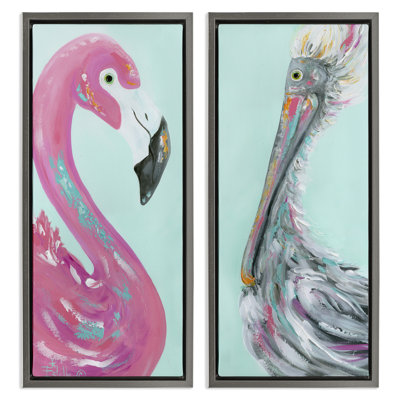 Odd Flamingo Pelican Profile 2 PC Brown Framed Floater Canvas Set by Estelle Grengs