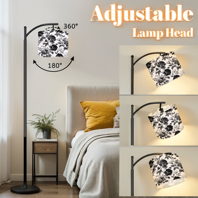 Lampe sur pied à arc avec abat-jour réglable noir et blanc rétro à motif floral rose Lampe sur pied à 3 températures de couleur à intensité variable avec interrupteur au pied pour la chambre à coucher