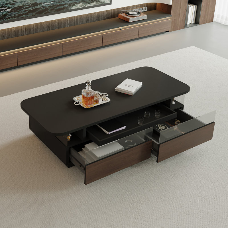 Modern Coffee Table With LED Lighting, Movable Tray, Glass Display & Storage Drawers