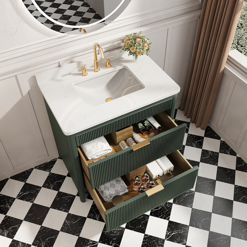 Fully Assembled 36''  Green Freestanding Single Sink Bathroom Vanity With Solid Wood Construction And Engineered Marble Top