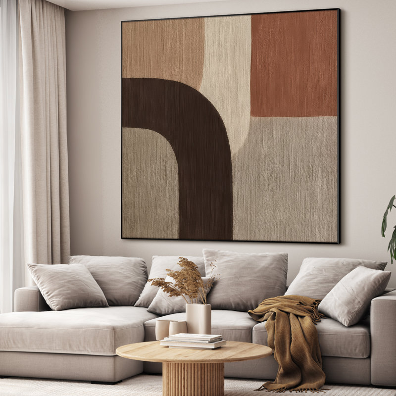 Très grand art mural imprimé sur tissu - Formes géométriques minces tons de terre dans un décor brun et beige pour le salon ou la chambre à coucher - «Assemblage requis du cadre (cadre non fini)»