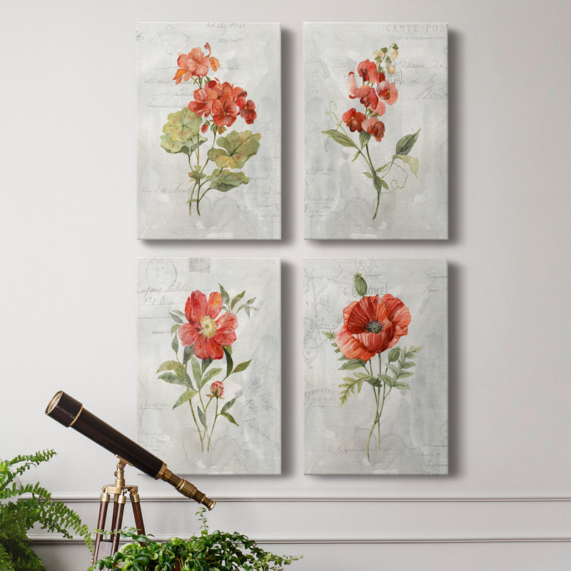 Lin géranium - ensemble de 4 peintures sur toile tendue, H 18 po x l 48 po x P 1 po