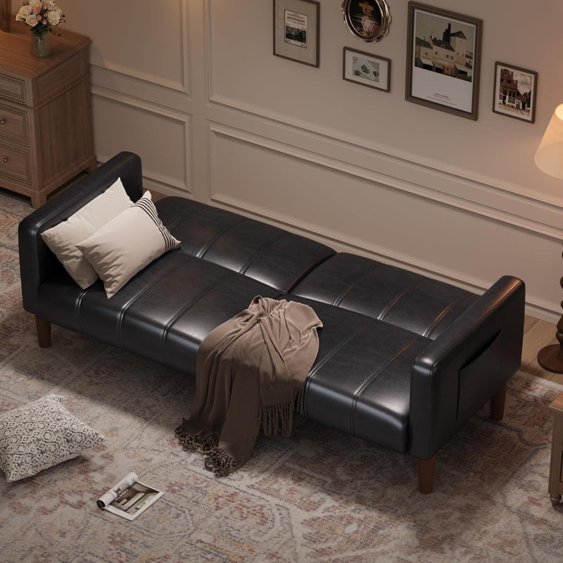 Canapé-lit futon de 75 po, canapé-lit convertible, petit canapé en similicuir, causeuse, canapé moderne de style Mid-Century pour le salon, la chambre à coucher, noir