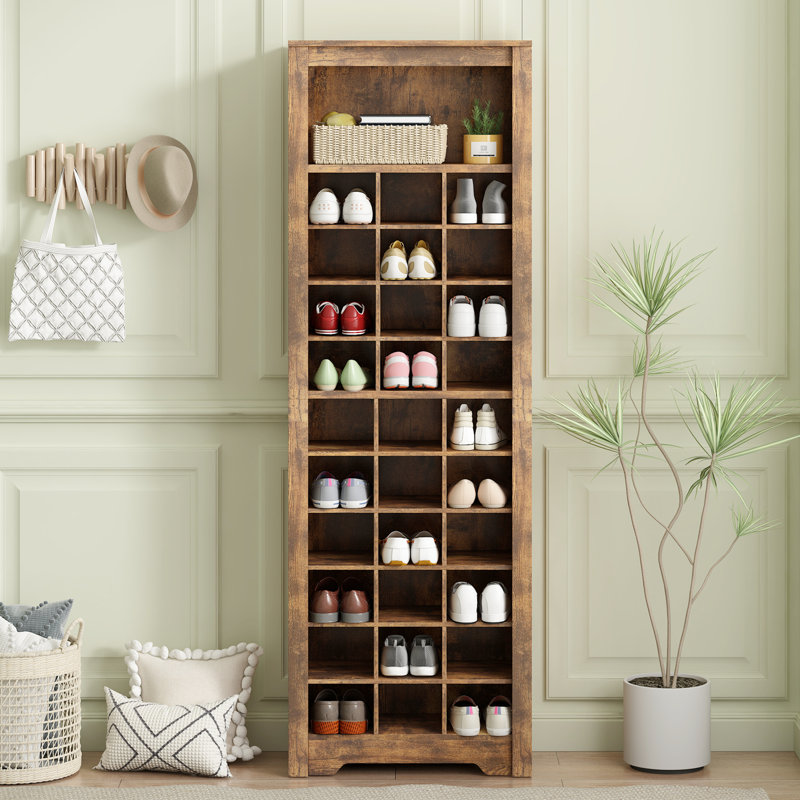 30 Shoe Cubby Console, Shoe Cabinet With Multiple Storage Capacity, Free Standing Tall Cabinet With Versatile Use, Brown