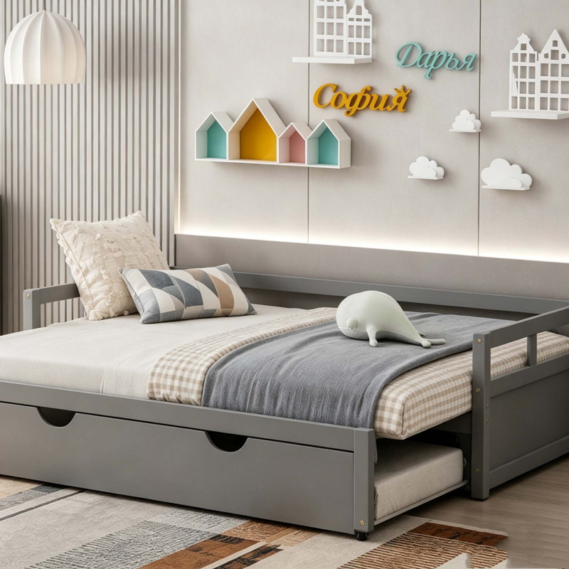 Extending Daybed with Trundle, Wooden Daybed with Trundle, Gray