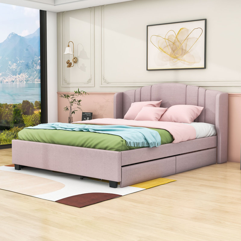 Grand lit plateforme tapissier Elester, Rose