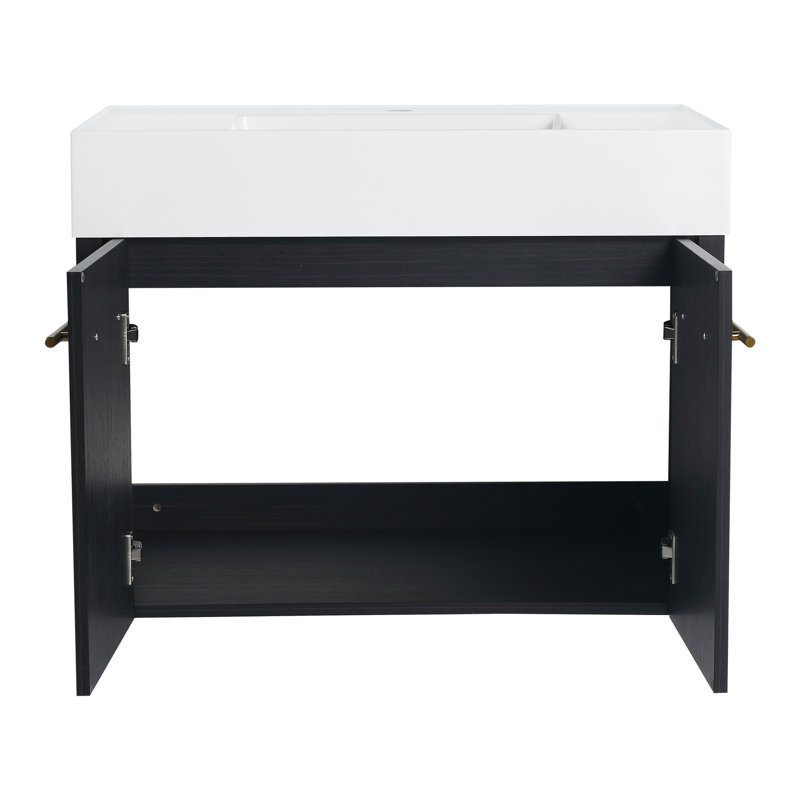 30 Inch Bathroom Vanity With Basin, Wall Mounted Style, Black Chestnut Color, Thick Edged Resin Sink, Door, Fixture 30" Cabinet Smooth Modern Decor