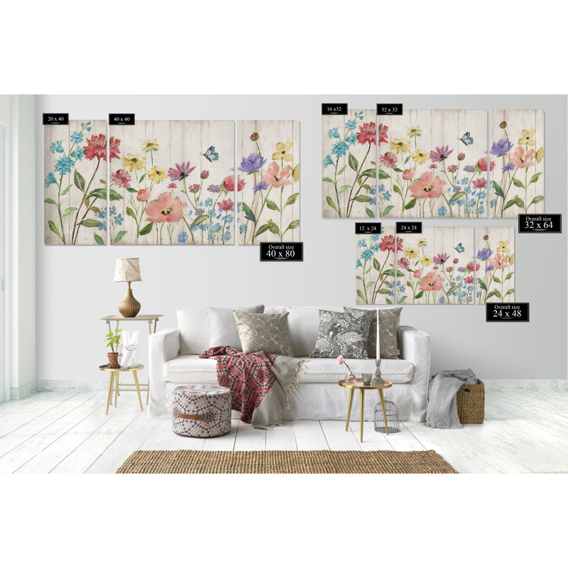 Wildflower Flutter on Wood - Reproduction d'art sur toile, H 24 po x l 48 po x P 1,5 po
