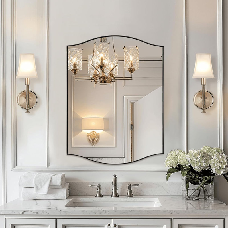 Dual Arch Scalloped Rectangular Bathroom Wall Mirror | Stainless Steel Frame, Brushed Nickel, 32" x 24"