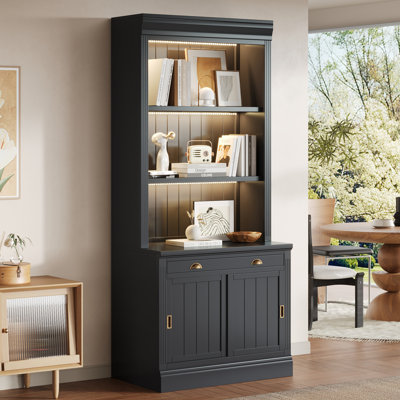 Modern Bookcase Set With LED Lighting, Drawers And Open Shelving