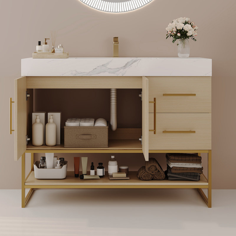 Meuble-lavabo moderne 36 po avec lavabo en céramique sans couture et armoire autoportante dorée, Or / bois