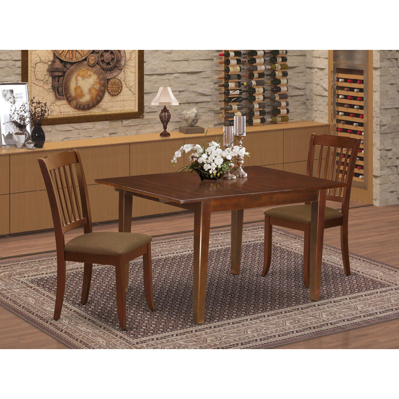 L'ensemble de 3 tables de salle à manger modernes comprend une table rectangulaire en bois avec feuille papillon et 2 chaises de cuisine en tissu de lin, acajou