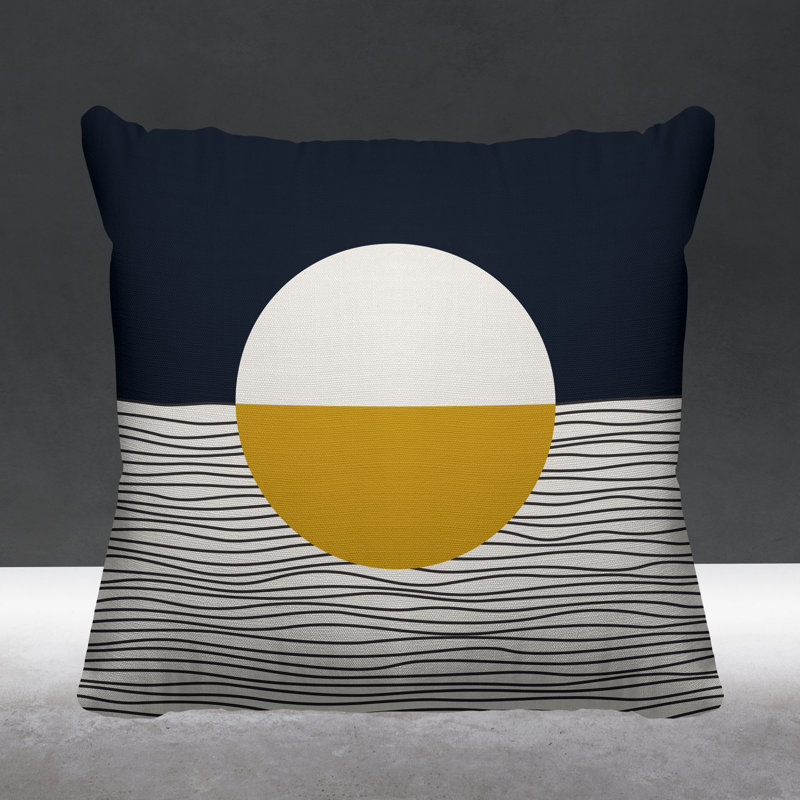 Coussin décoratif intérieur / extérieur Carmy, 17 po x 17 po, Jaune / beige / bleu marine, Carré
