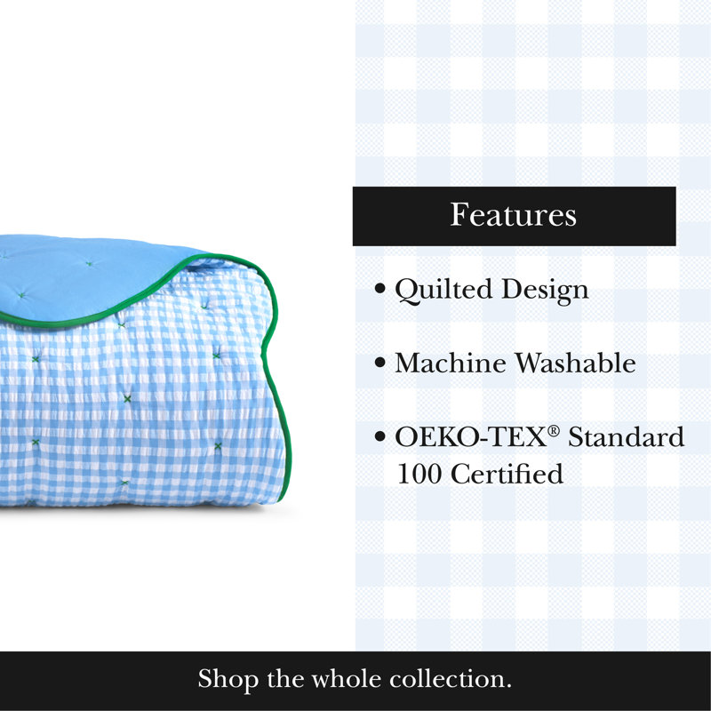 kate spade new york Joyful Gingham 3-Piece King Quilt Bedding Set, Poly-Cotton Blend Reversible Cover, All Season Warmth Bedding, Machine Washable, Windy Blue