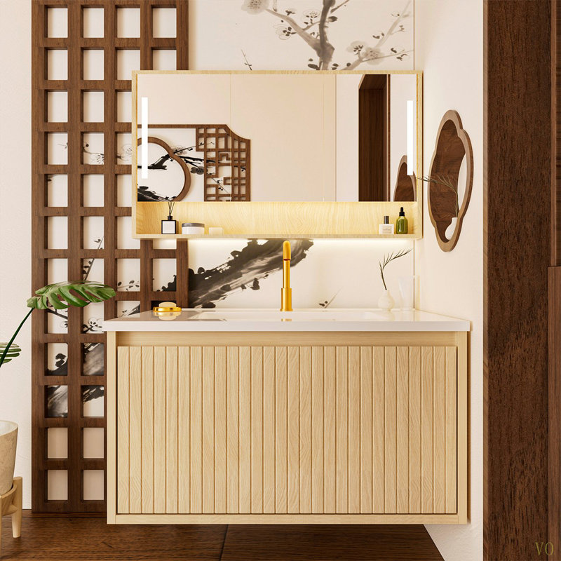 Meuble-lavabo de salle de bain 30 po avec lavabo en céramique, Bois naturel