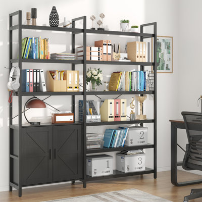 6 Tire Farmhouse Bookshelf And Etagere Bookcases With Storage Cabinet & 2 Barn Doors & 10 Storage Shelves by 17 Stories