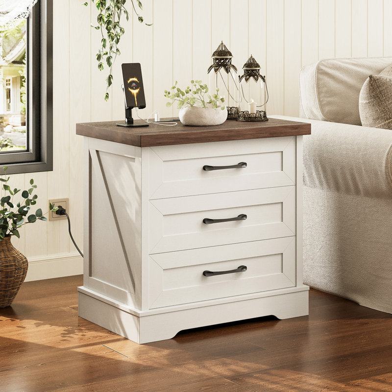 23.6”Wx17.7”D Rustic Couch End Table With 3 Ample Drawers, Farmhouse Nightstand With 4 Solid Wood Legs, Vintage Bed Side Table With Durable Structure (Set Of 2)