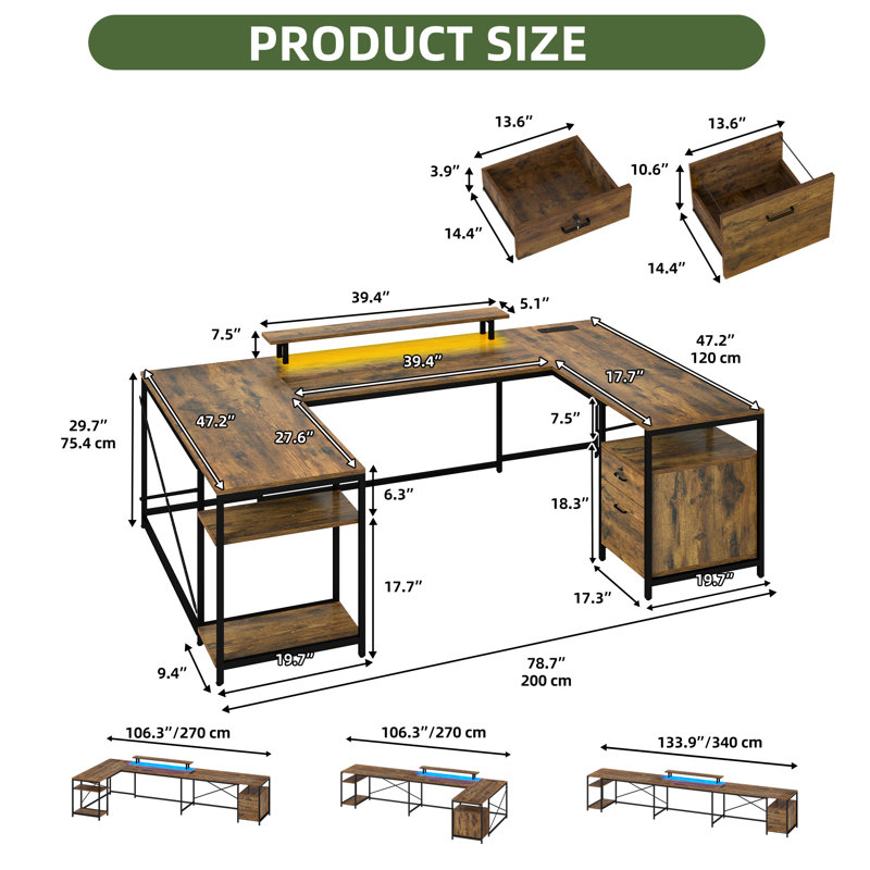  U-Shaped Desk With Power Outlets & LED Lights, Reversible Computer Desk With Storage Drawers & Shelves, Brown/Black