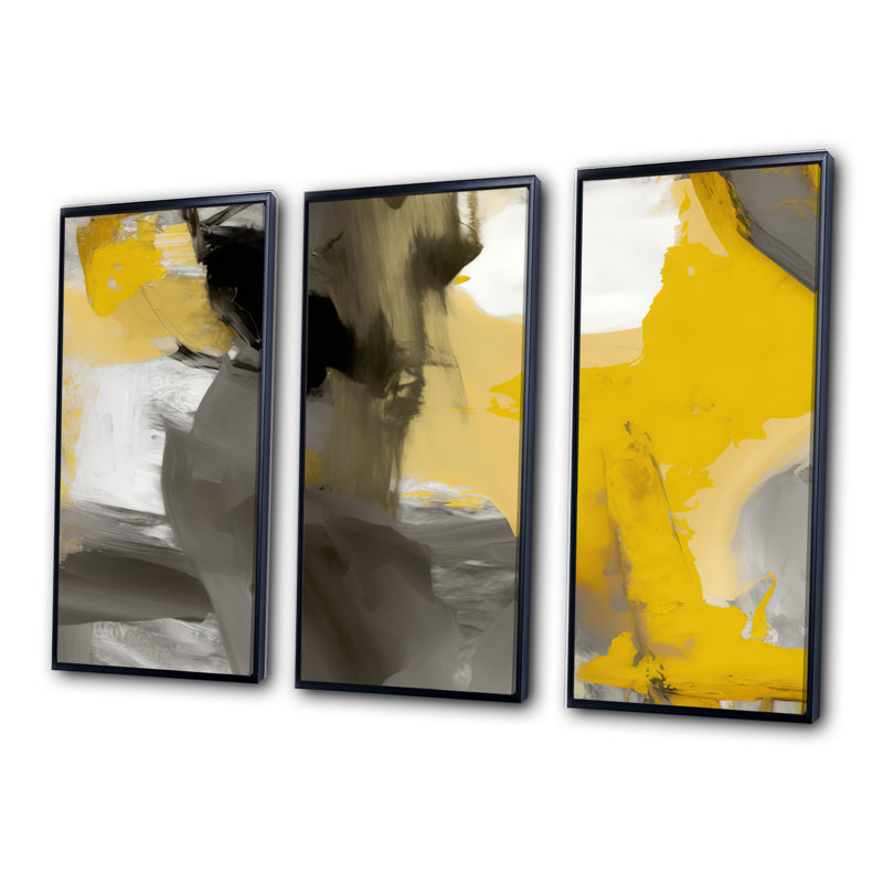 " Mustard Yellow And Vivid Grey II " 3 - Pieces, Black Framed Canvas, 28" H x 36" W x 1" D