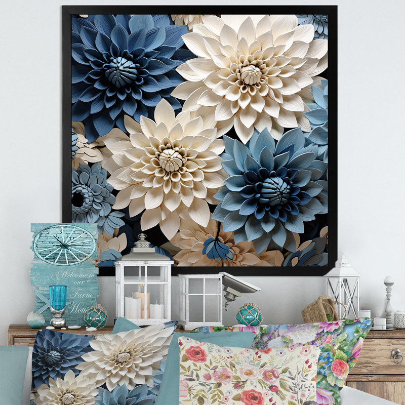 Symphonie blanche et bleue sur toile, Cadre simple noir, H 36 po x l 36 po x P 1,5 po