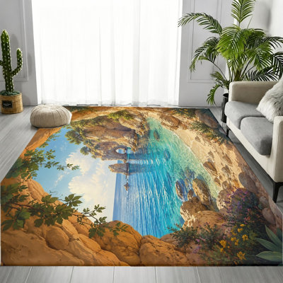 Tapis de paysage côtier Ocean Beach, motif de bord de mer réaliste, tapis antidérapant, décoration intérieure artistique vibrante pour salon, chambre à coucher, couloir, cuisine, balcon, appartement