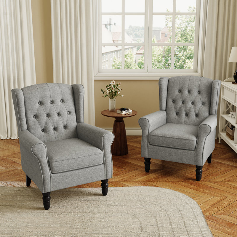 Duward Upholstered Light Gray Button Tufted Wingback Accent Chair with Rolled Arm and Thick Padded Cushion