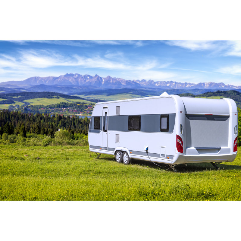 Holidays In Poland - Camper Trailer By The Czorsztyn Lake And Tatra Mountains Landscape by Ewg3D - No Frame Print on Canvas