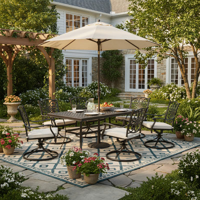  Outdoor 7-Piece Cast Aluminum Patio Dining Set with Square Table, 6 Swivel Rocking Chairs