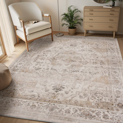 Soft Beige Machine Washable Oriental Area Rug For Living Room, Bedroom