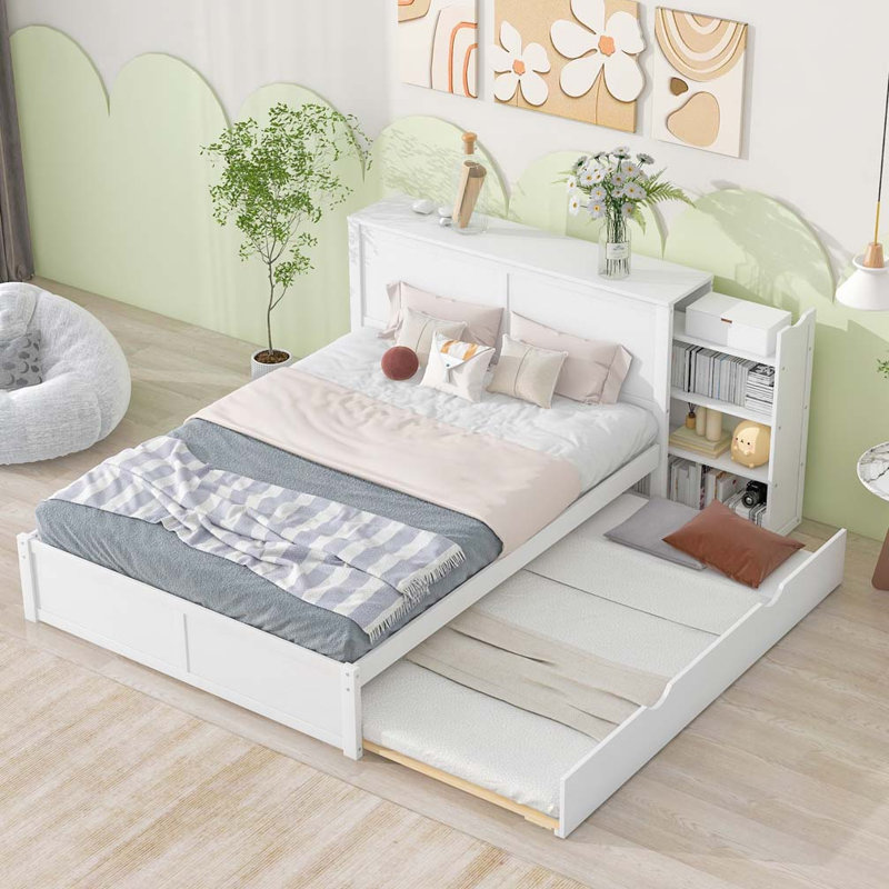 Grand lit plateforme avec rangement et tablettes gigognes TG, blanc, Queen