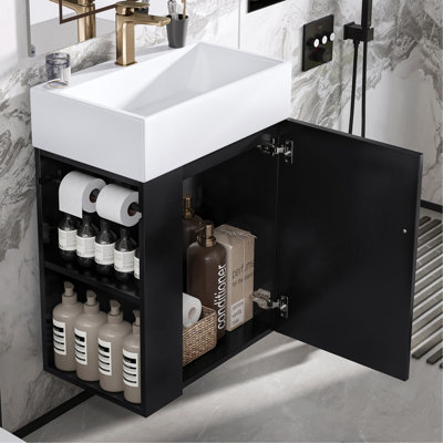 Meuble-lavabo de 20 po avec lavabo en céramique, porte à motif de losanges, poignée dorée et tablettes de rangement latérales - petit meuble moderne avec barre à serviettes, fabrication en panneau de fibres à densité moyenne, assemblage requis