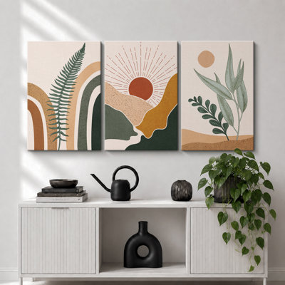 Mid Century Modern Boho Sun Forest Plant - 3 Piece Floater Frame Graphic Art Set on Canvas