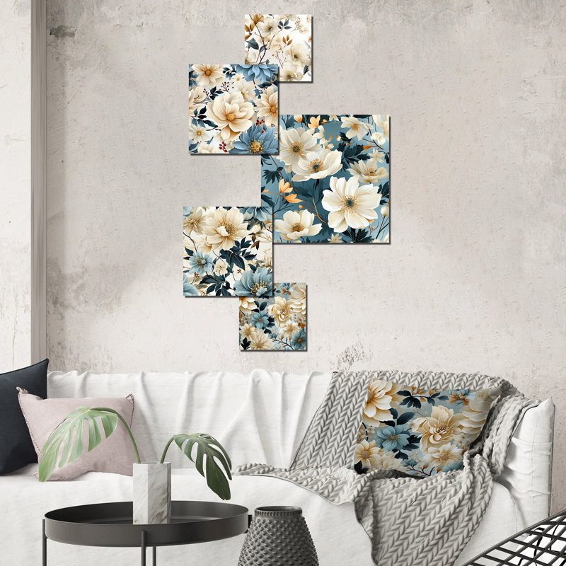 Harmonie de coquelicots blancs et bleus I - ensemble d'art mural floral de 5