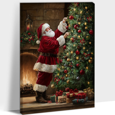 Vintage Christmas Pictures Wall Decor - Santa Claus Decorating Christmas Tree Canvas Wall Art, Holiday Pictures for Living Room, Vintage Christmas Prints, Wrapped Canvas Print, 12×18 inches